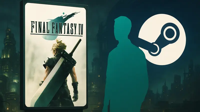 Обложка Final Fantasy 7 на фоне логотипа Steam, анонс новой версии для ПК.