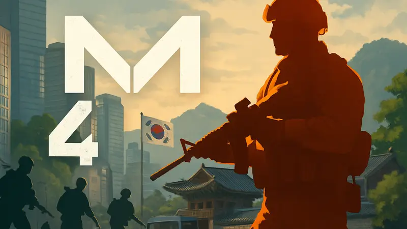 Логотип игры Modern Warfare 4: Gangnam Duty, с элементами милитари и корейскими мотивами.