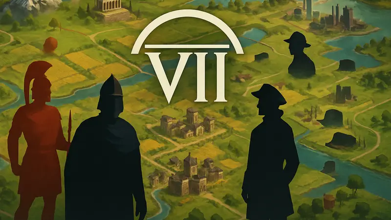 Логотип Civilization 7 на фоне элементов стратегической карты, символизирующих разные эпохи и цивилизации