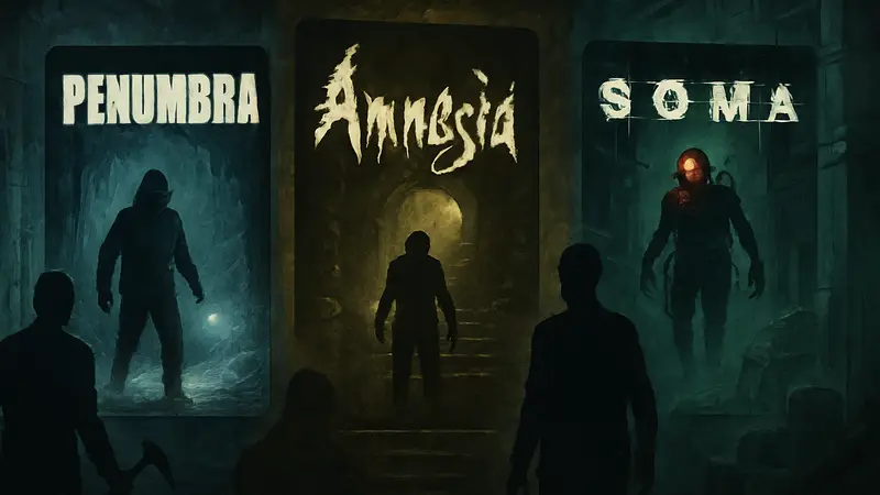 Изображение обложек игр Frictional Games: Penumbra, Amnesia, SOMA на фоне хоррор-сцен.