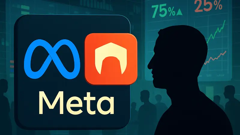 Логотип Meta и иконка приложения "Arena" на фоне цифровых ставок и графиков прогнозов.