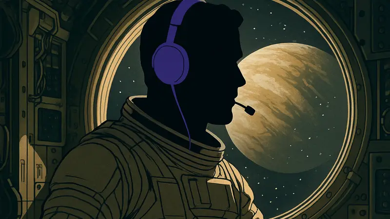 Райан Гослинг в роли космонавта из фильма Project Hail Mary в наушниках.