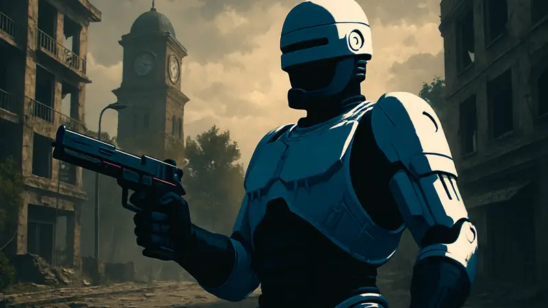 Оператор в облике Робокопа с уникальным оружием из RoboCop Event Pass в Black Ops 7 или Warzone.