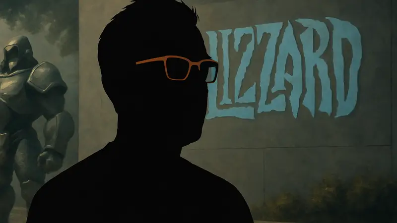 Портрет Джеффа Каплана, бывшего руководителя Overwatch, на фоне логотипа Blizzard