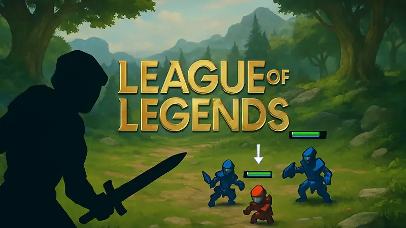 Логотип League of Legends с элементами игрового процесса и индикаторами добивания миньонов