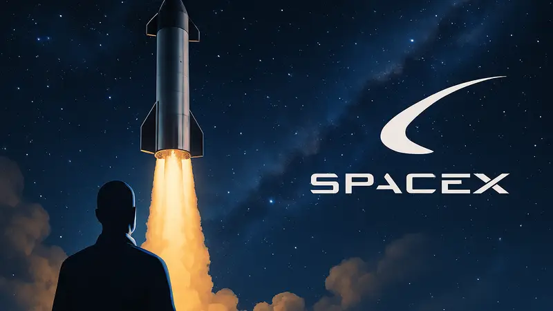 Графическое изображение ракеты Starship V3 или логотип SpaceX на фоне космоса.