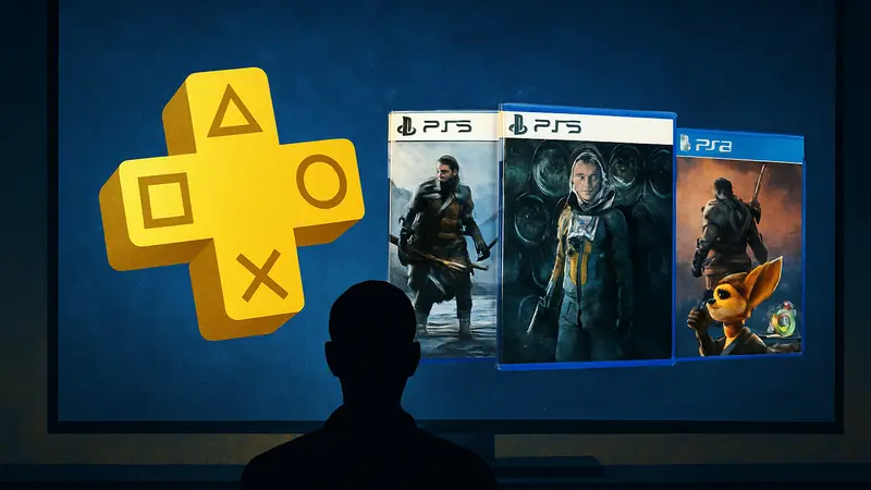 Логотип PlayStation Plus и обложки нескольких игр для PS5, PS4.