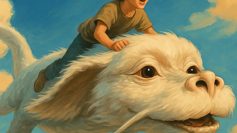 Кадр из фильма «Бесконечная история» с мальчиком Бастианом и драконом Фалькором, летящими по небу