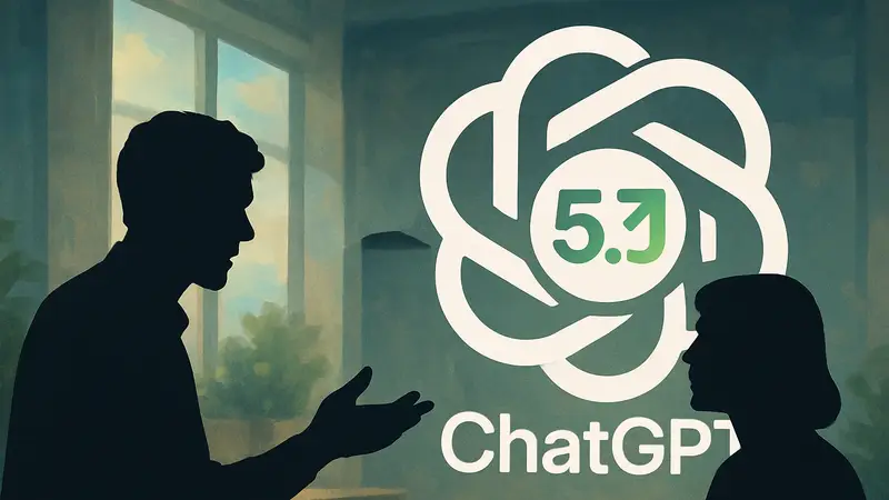 Логотип ChatGPT с изображением нового поколения GPT-5.3 Instant, символизирующий улучшение диалогов и уменьшение неловких ответов.