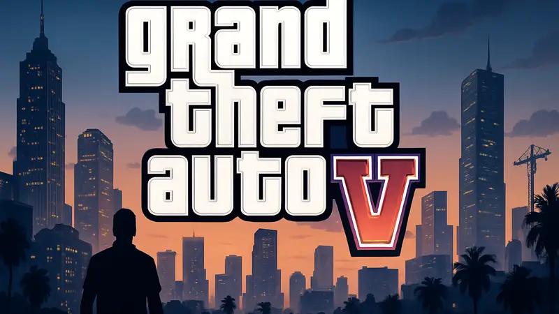 Логотип Grand Theft Auto VI на фоне стилизованного городского пейзажа, символизирующего игру