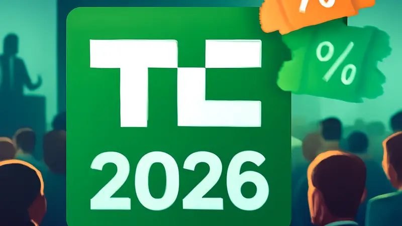 Логотип TechCrunch Disrupt 2026 на фоне участников конференции, символизирующий скидки на билеты.