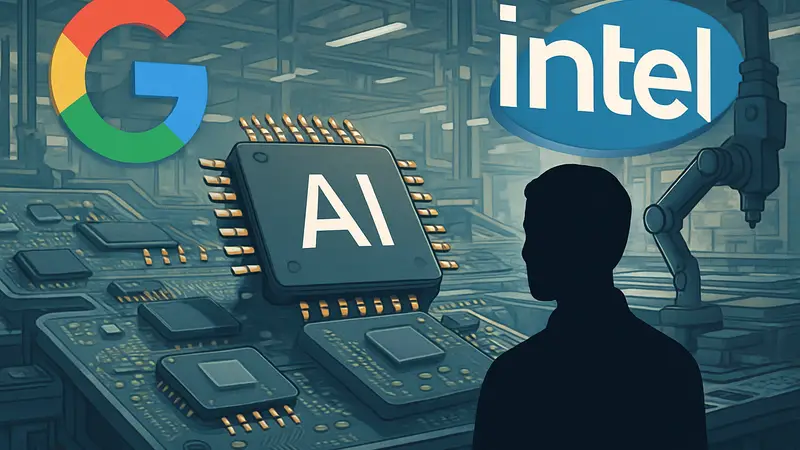 Логотипы Google и Intel, микросхемы, чипы ИИ, производство полупроводников