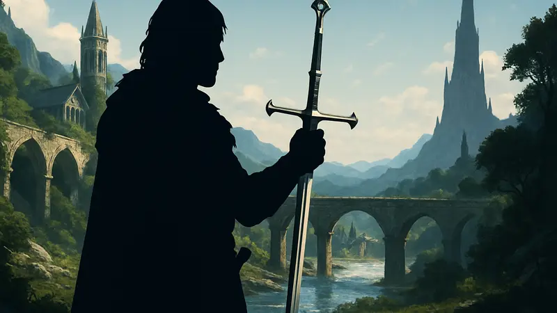 Персонаж Crimson Desert, держащий меч Арагорна, с элементами мира «Властелина колец» на заднем плане