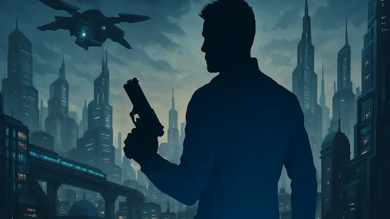 Обложка игры Deus Ex Invisible War с главным героем Алексом Детоном и футуристическим городом.