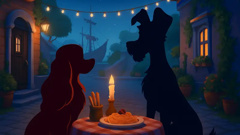 Персонажи Леди и Бродяга из Disney Dreamlight Valley на романтическом ужине