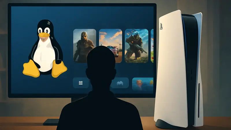 Изображение PlayStation 5 с запущенной операционной системой Linux и интерфейсом для игр