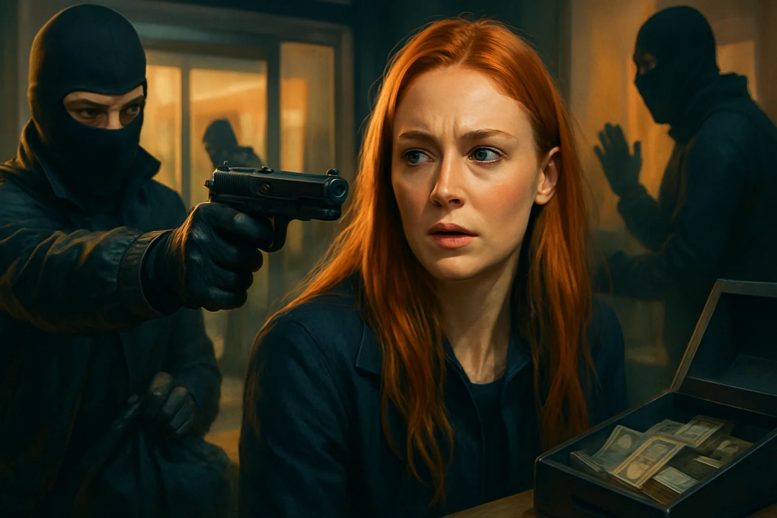 Кадр из сериала "Кража" с Софи Тёрнер, в напряжённой сцене ограбления.
