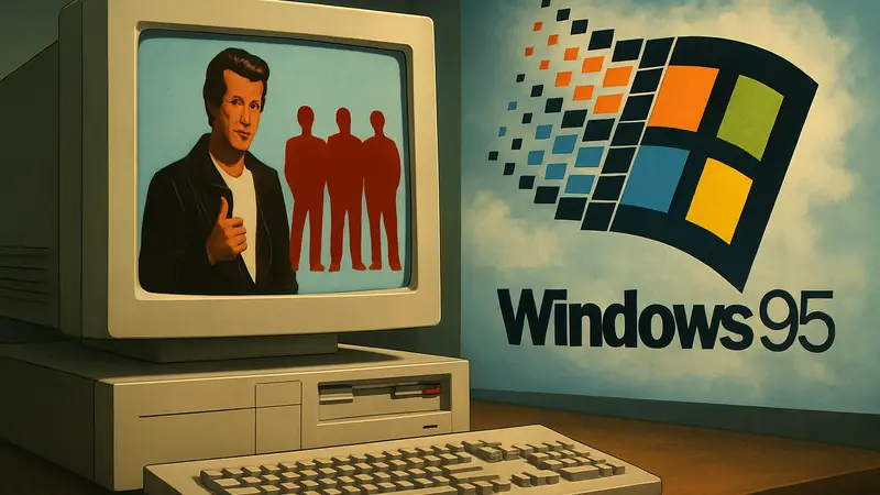 Логотип Windows 95 на фоне старого компьютера с изображением Фонзи и группы Weezer