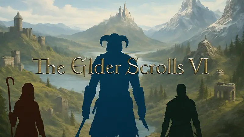 Логотип The Elder Scrolls 6 на фоне изображения Скайрима и других частей серии.