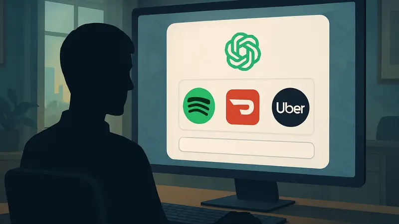 Интерфейс ChatGPT, демонстрирующий интеграции с приложениями Spotify, DoorDash и Uber.