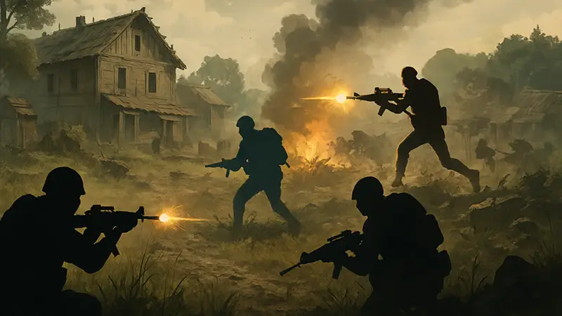 Игровой скриншот из военной игры в открытом мире, демонстрирующий перестрелку на поле боя.