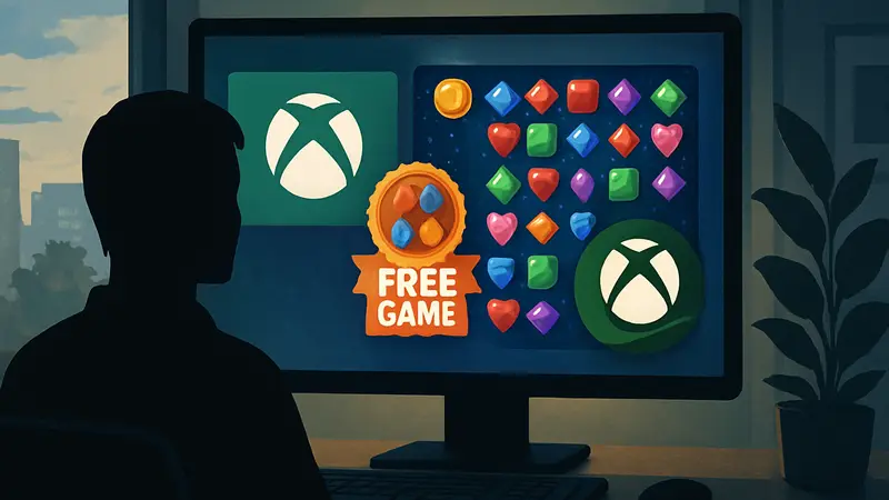 Логотип Xbox App для ПК, изображение бесплатной игры Microsoft Jewel с надписью "Free Game" и значком Game Pass.