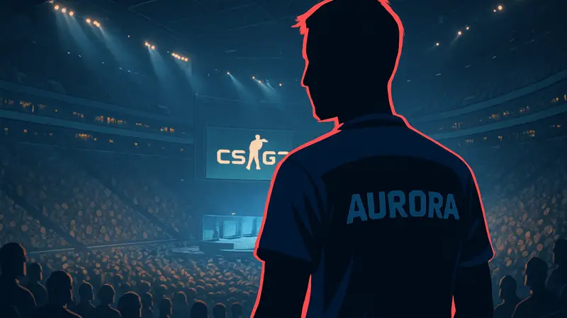 Киберспортсмен soulfly из Aurora Gaming на фоне стадиона с болельщиками.