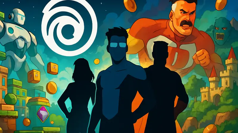 Логотип Ubisoft и герои мобильной игры Invincible Guarding the Globe на фоне ярких игровых элементов