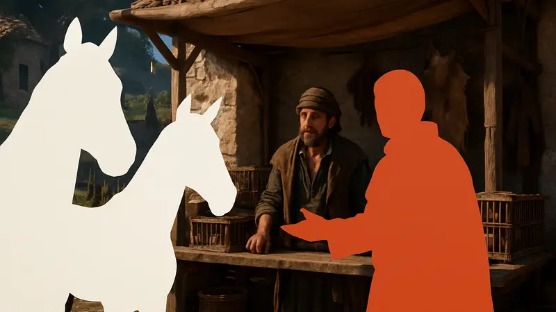 Игровой скриншот Crimson Desert с торговцем животными или лошадью.