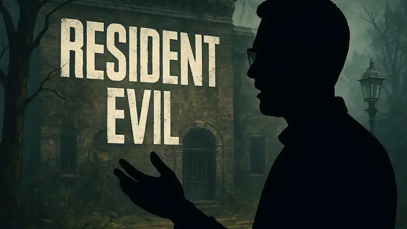 Режиссер Зак Креггер на фоне логотипа Resident Evil, комментирующий трейлер фильма.