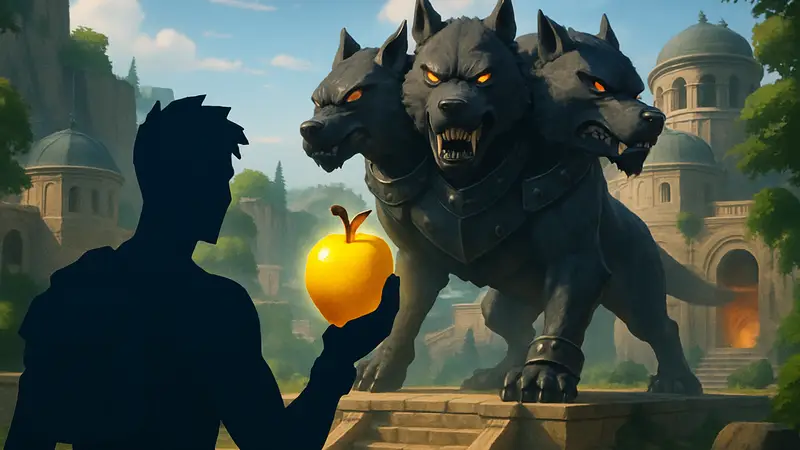 Игрок Fortnite держит Золотое яблоко в руках на фоне локации с боссом Цербером
