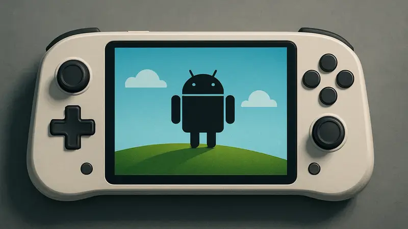 Изображение портативной Android-консоли Yoo Y1 с включенным дисплеем на сером фоне