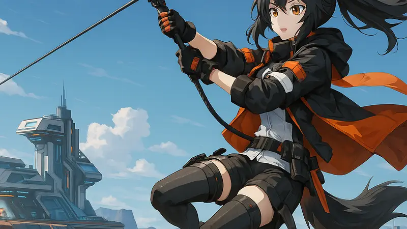 Персонаж из Arknights Endfield, использующий зиплайн для быстрого перемещения между двумя базами, на фоне футуристического пейзажа.