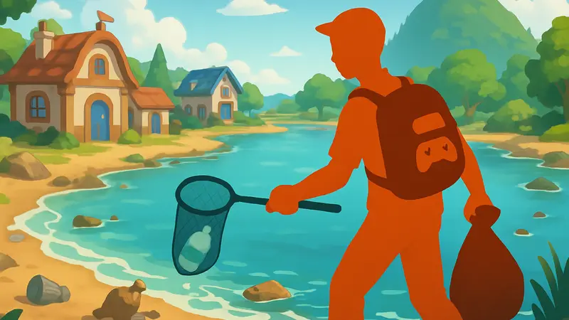 Игрок в Heartopia очищает океан от мусора, гайд по хобби уборки океана