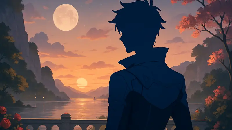 Кейлеб из Love and Deepspace на фоне романтического пейзажа