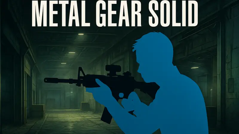 Логотип Metal Gear Solid и стилизованное изображение шутера от первого лица