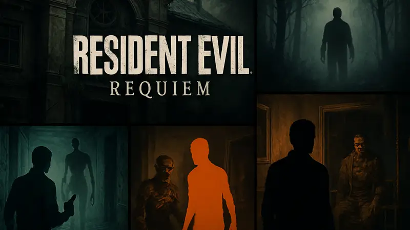 Изображение логотипа Resident Evil Requiem и кадры из других хоррор-игр