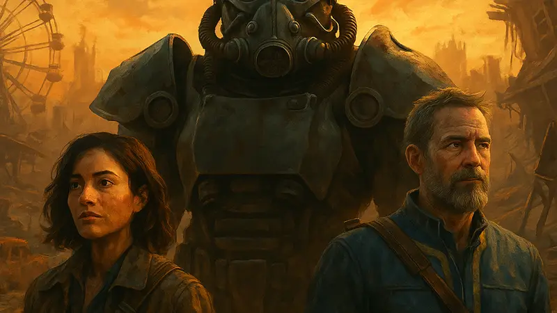 Изображение главных героев сериала Fallout от Prime Video на фоне постапокалиптического мира.