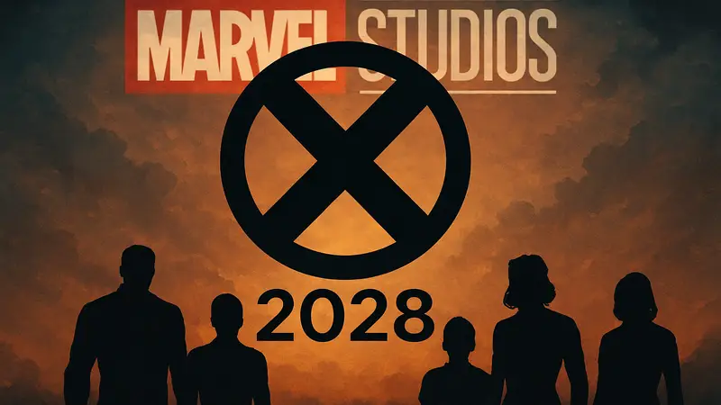 Логотип Людей Икс на фоне логотипа Marvel Studios с датой 2028, символизирующий перезапуск франшизы.