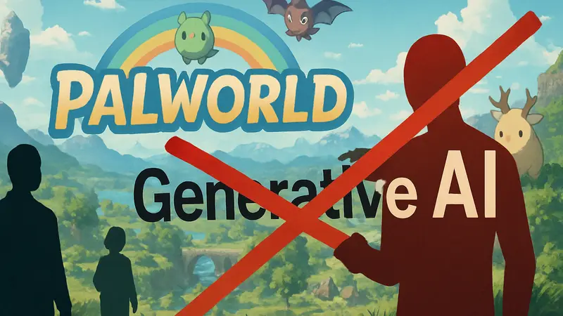 Логотип Palworld на фоне игрового мира, перечеркнутая надпись 'Generative AI'