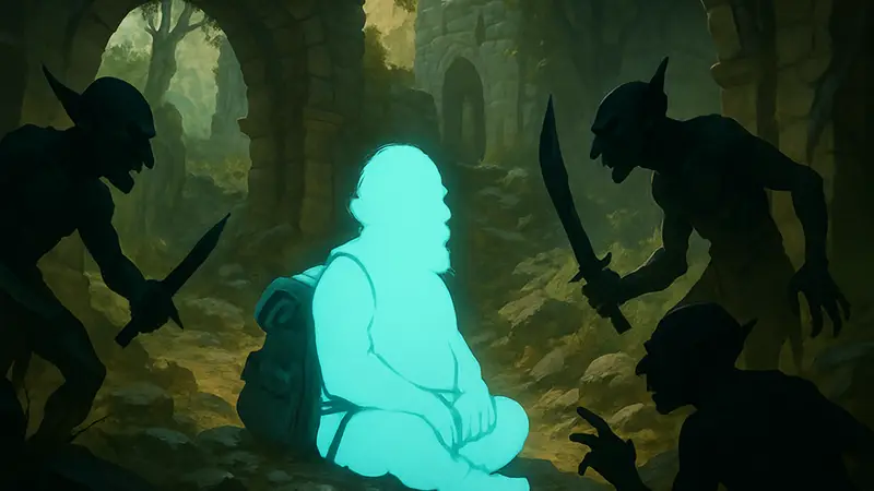 Игровой персонаж Баркус Врут из Baldur's Gate 3, окруженный гоблинами, ждет спасения