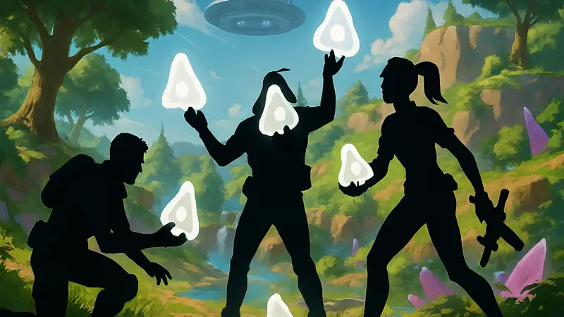 Персонажи Fortnite собирают редкие Gummy Zero Point Sprites в яркой игровой локации.