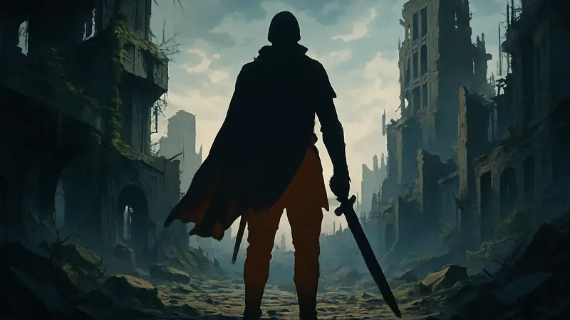 Арт из The Blood of Dawnwalker с протагонистом или ключевым персонажем, на фоне постапокалиптического мира.