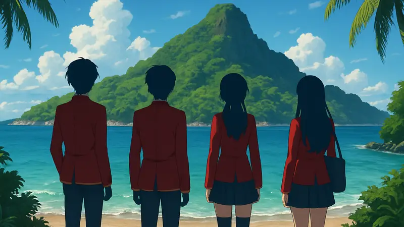Главные герои аниме «Класс элиты» в школьной форме на фоне необитаемого острова.