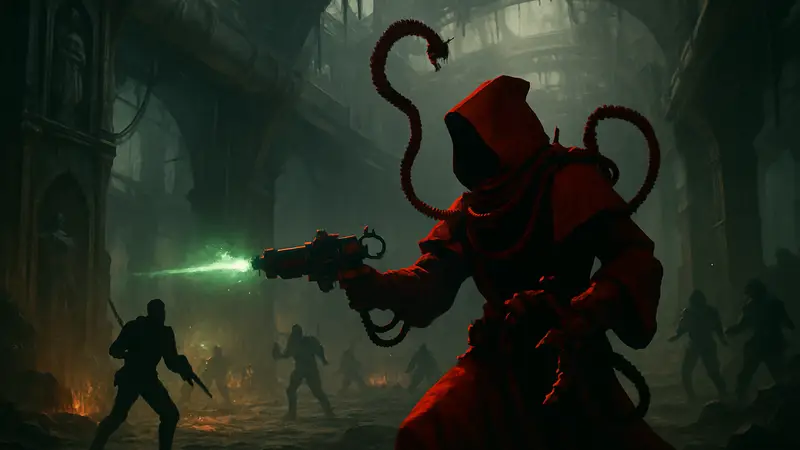 Игровой скриншот Warhammer 40,000: Darktide с персонажем техножреца в бою.