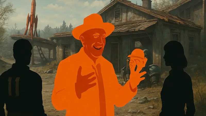 Скриншот из мода Fallout 4 с актёром Уэсом Джонсоном, изображающий персонажей и локации квеста.