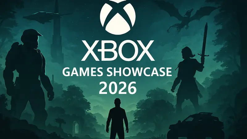 Логотип Xbox Games Showcase 2026 на темном фоне с элементами игр