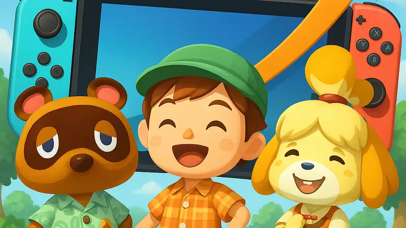 Персонажи Animal Crossing: New Horizons на фоне консоли Nintendo Switch 2, символизирующие лидерство в чартах.