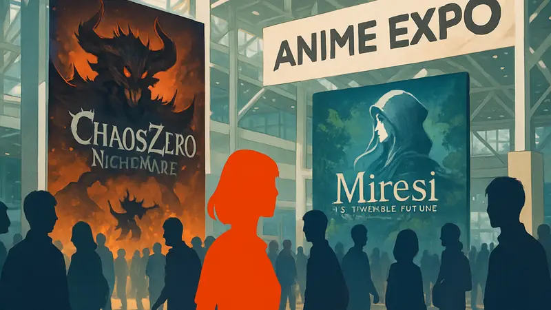 Логотипы игр Chaos Zero Nightmare и Miresi: The Invisible Future на фоне Anime Expo