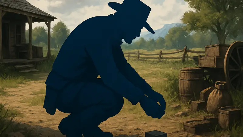 Артур Морган из Red Dead Redemption 2 выполняет медленную анимацию, собирая предметы.